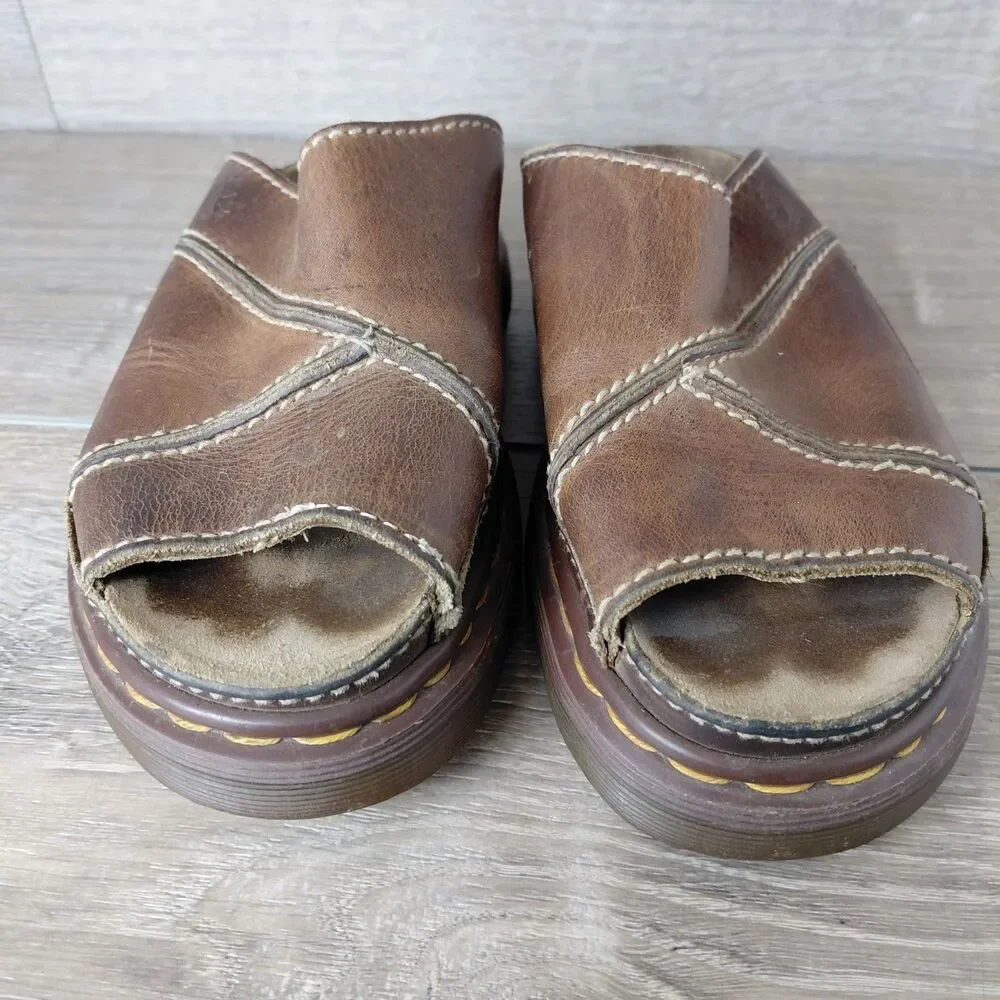 VTG Dr Marten Sandals Women 6 Brown Leather Chunky Slides Made England Fisherman
